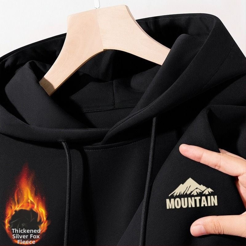 Hrubá bavlnená mikina s kapucňou, okrúhly výstrih, voľný strih, patch vrecká