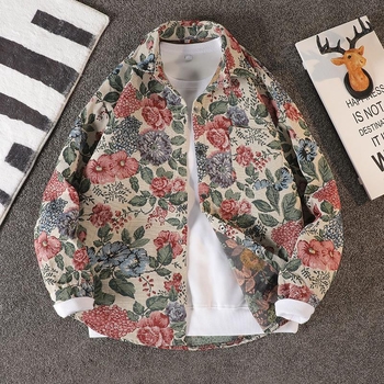 Muška jakna s jacquardom floralnim uzorkom, rever, jednostruko zatvaranje, korejski stil, uobičajena duljina, dugi rukavi