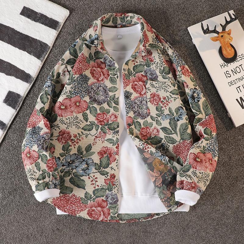 Muška jakna s jacquardom floralnim uzorkom, rever, jednostruko zatvaranje, korejski stil, uobičajena duljina, dugi rukavi