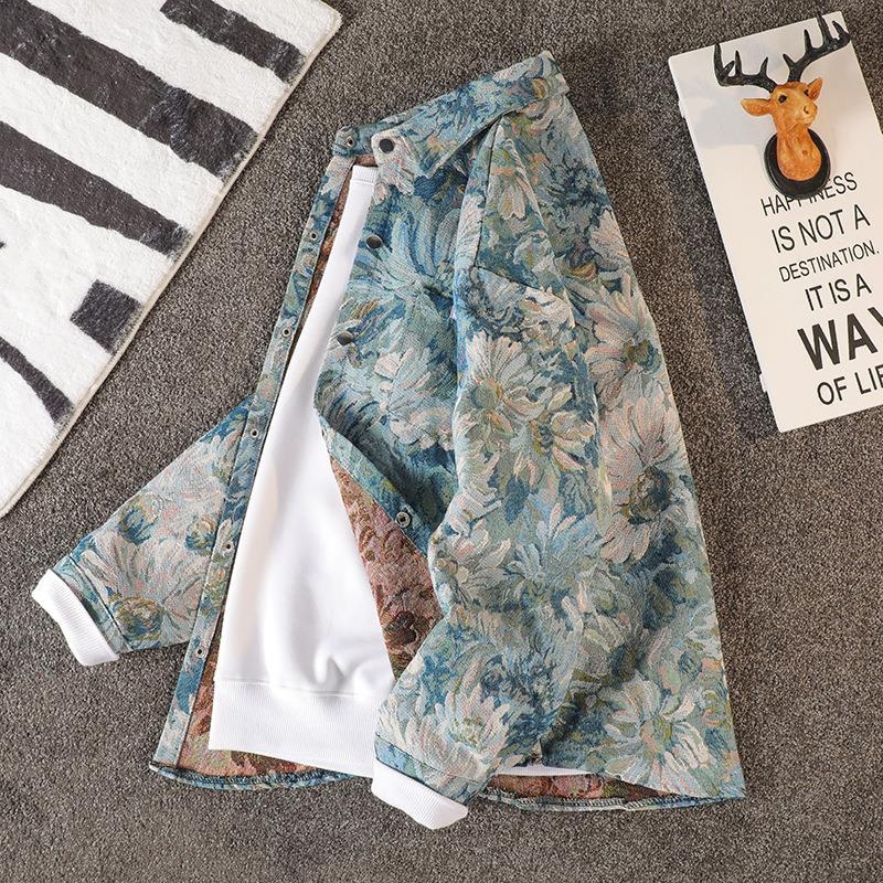 Muška jakna s jacquardom floralnim uzorkom, rever, jednostruko zatvaranje, korejski stil, uobičajena duljina, dugi rukavi