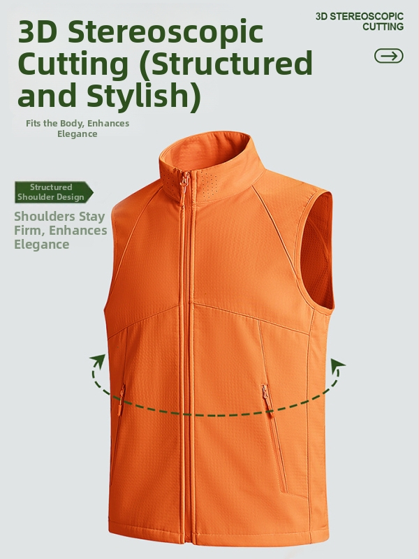 Kapuutsiga vest, lukk, kitsas lõige, seisvas krae, polüesterkangas ja polüestervooder