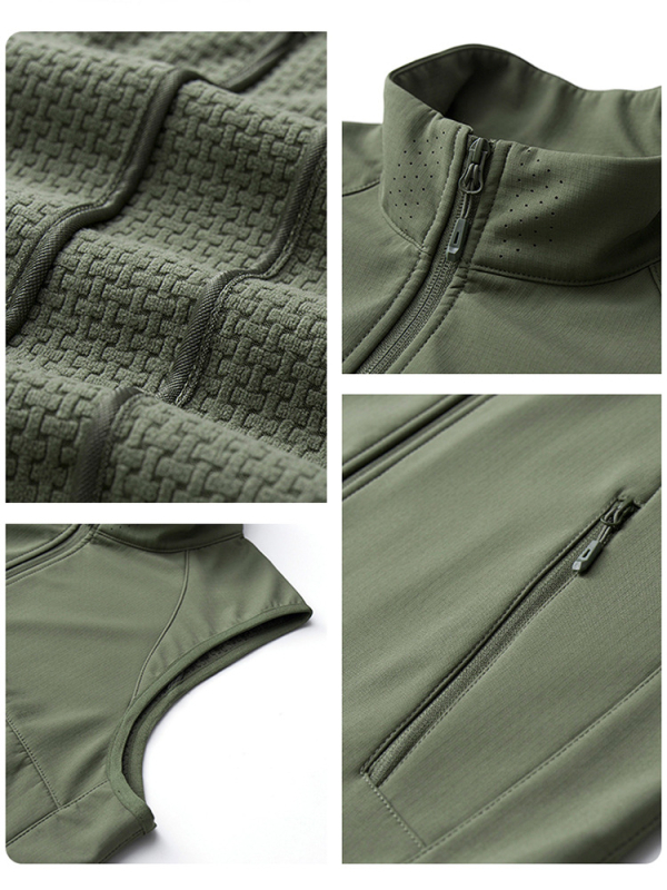 Kapuutsiga vest, lukk, kitsas lõige, seisvas krae, polüesterkangas ja polüestervooder