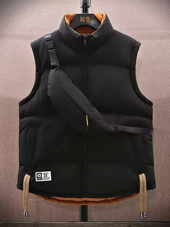 Реверсивна памучна жилетка с памучен пълнеж и подплата, полиестрова основна материя, свободна кройка, градски стил, за мъже през есен-зима