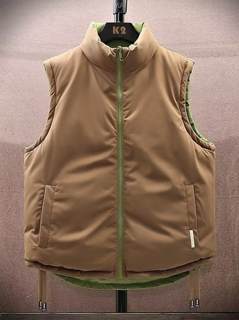 Реверсивна памучна жилетка с памучен пълнеж и подплата, полиестрова основна материя, свободна кройка, градски стил, за мъже през есен-зима