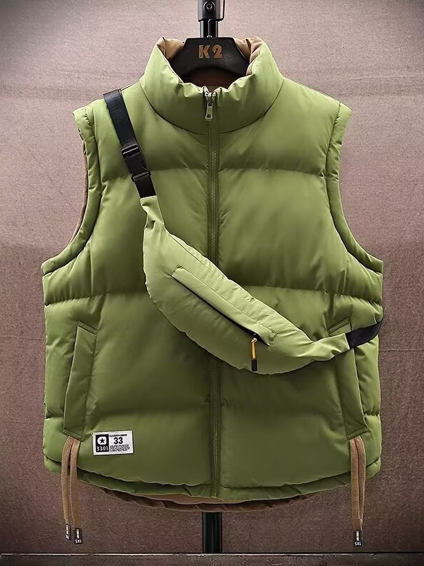 Реверсивна памучна жилетка с памучен пълнеж и подплата, полиестрова основна материя, свободна кройка, градски стил, за мъже през есен-зима