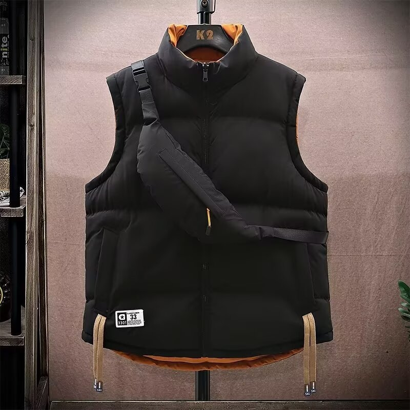 Реверсивна памучна жилетка с памучен пълнеж и подплата, полиестрова основна материя, свободна кройка, градски стил, за мъже през есен-зима