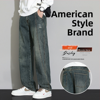 Jeansi pentru bărbați – patchwork retro, croială dreaptă, spălat, talie medie, decor la buzunare