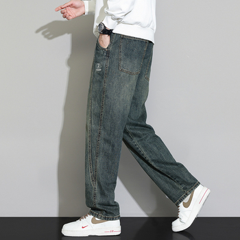 Jeansi pentru bărbați – patchwork retro, croială dreaptă, spălat, talie medie, decor la buzunare