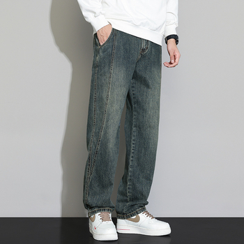 Jeansi pentru bărbați – patchwork retro, croială dreaptă, spălat, talie medie, decor la buzunare