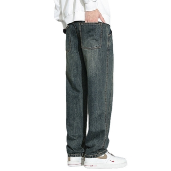 Jeansi pentru bărbați – patchwork retro, croială dreaptă, spălat, talie medie, decor la buzunare