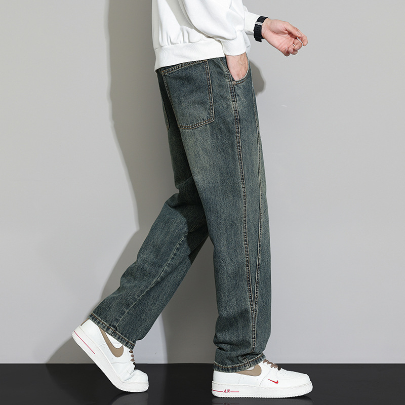 Jeansi pentru bărbați – patchwork retro, croială dreaptă, spălat, talie medie, decor la buzunare