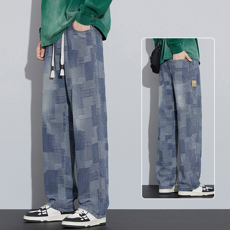 Jeansi pentru bărbați – patchwork retro, croială dreaptă, spălat, talie medie, decor la buzunare