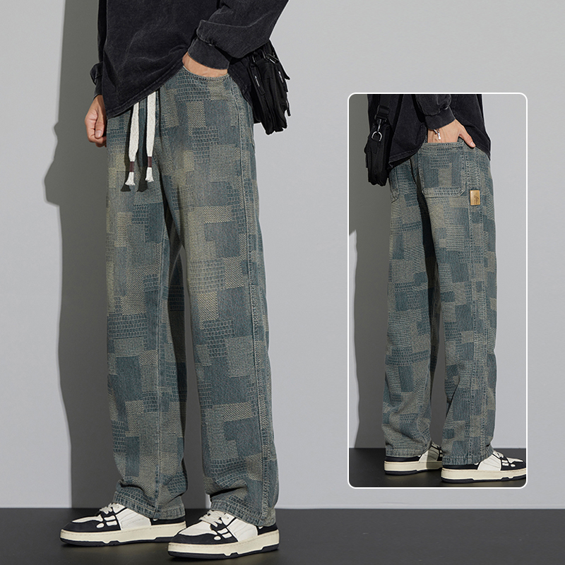 Jeansi pentru bărbați – patchwork retro, croială dreaptă, spălat, talie medie, decor la buzunare