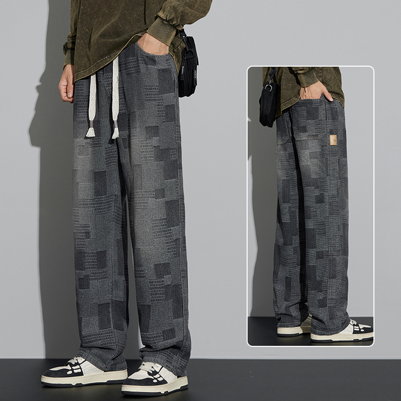 Jeansi pentru bărbați – patchwork retro, croială dreaptă, spălat, talie medie, decor la buzunare