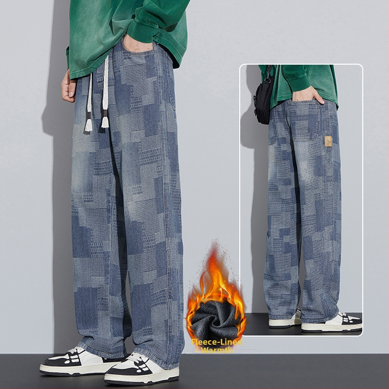 Jeansi pentru bărbați – patchwork retro, croială dreaptă, spălat, talie medie, decor la buzunare