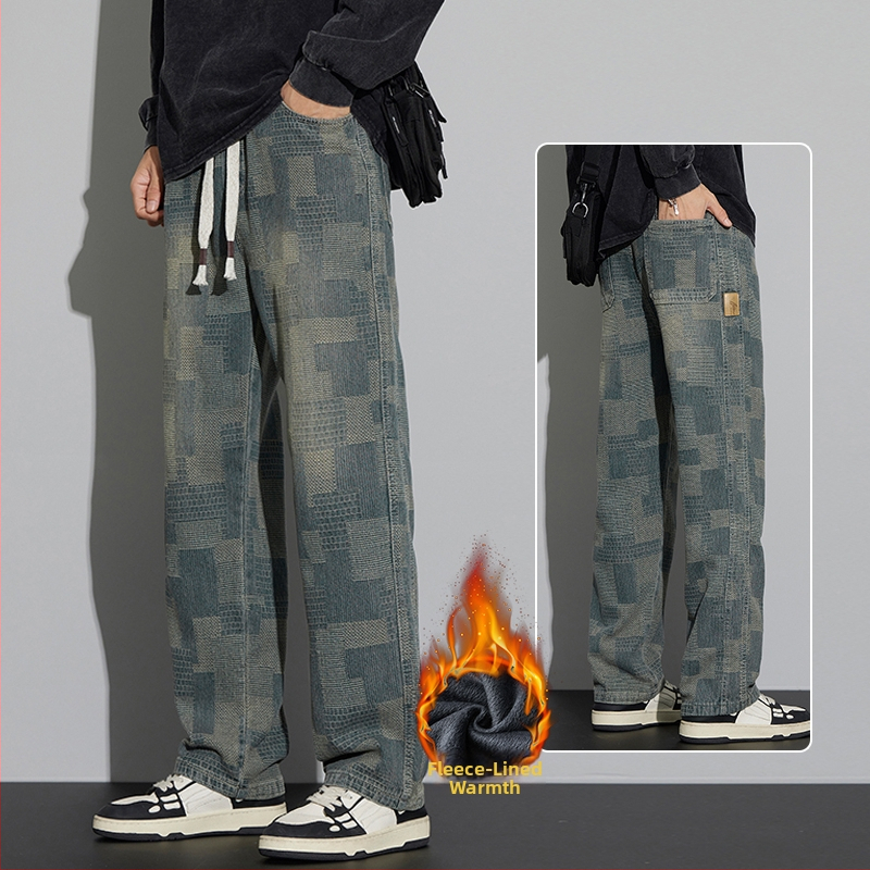 Jeansi pentru bărbați – patchwork retro, croială dreaptă, spălat, talie medie, decor la buzunare