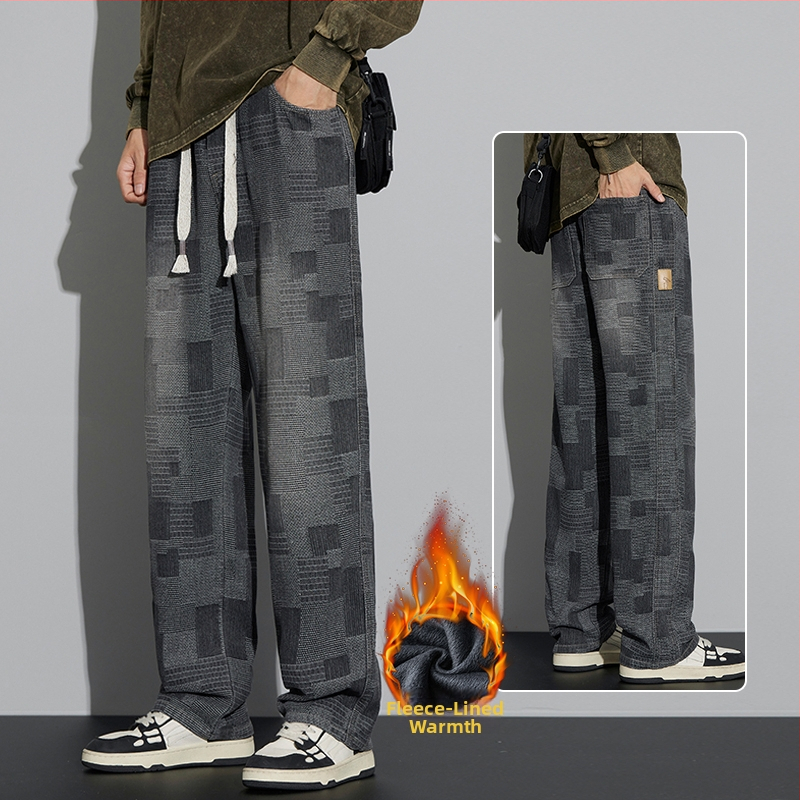 Jeansi pentru bărbați – patchwork retro, croială dreaptă, spălat, talie medie, decor la buzunare