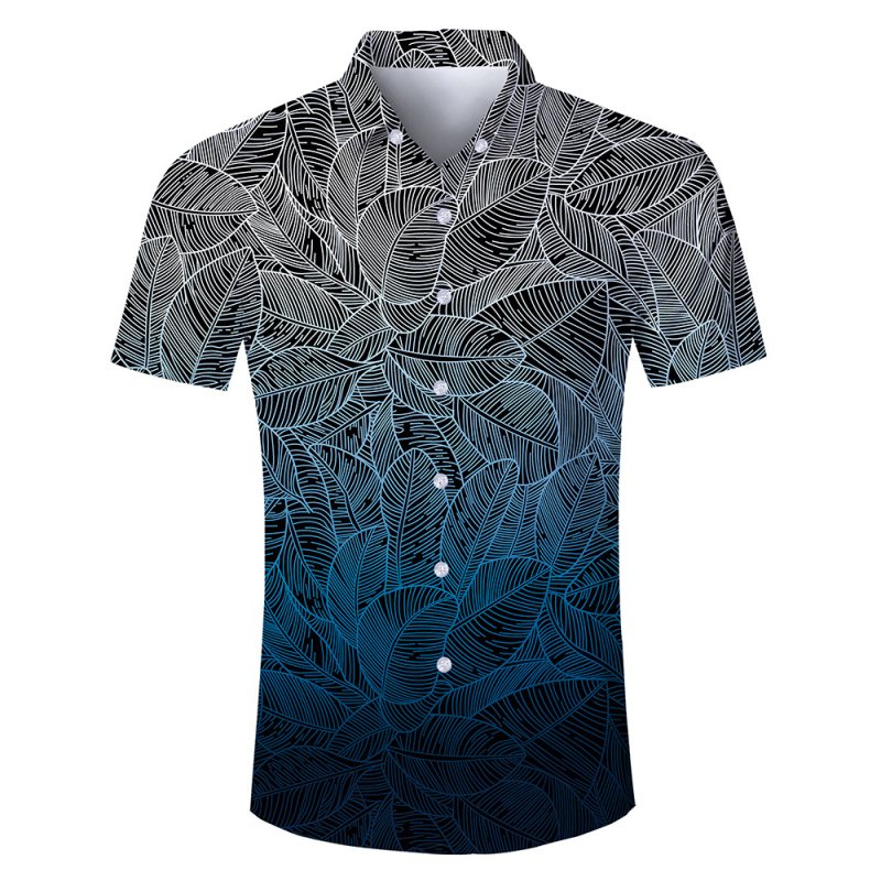 Férfiing rövid ujjú ing galléros, digitális nyomtatás, levelek és virágok mintázat, lélegző poliészter