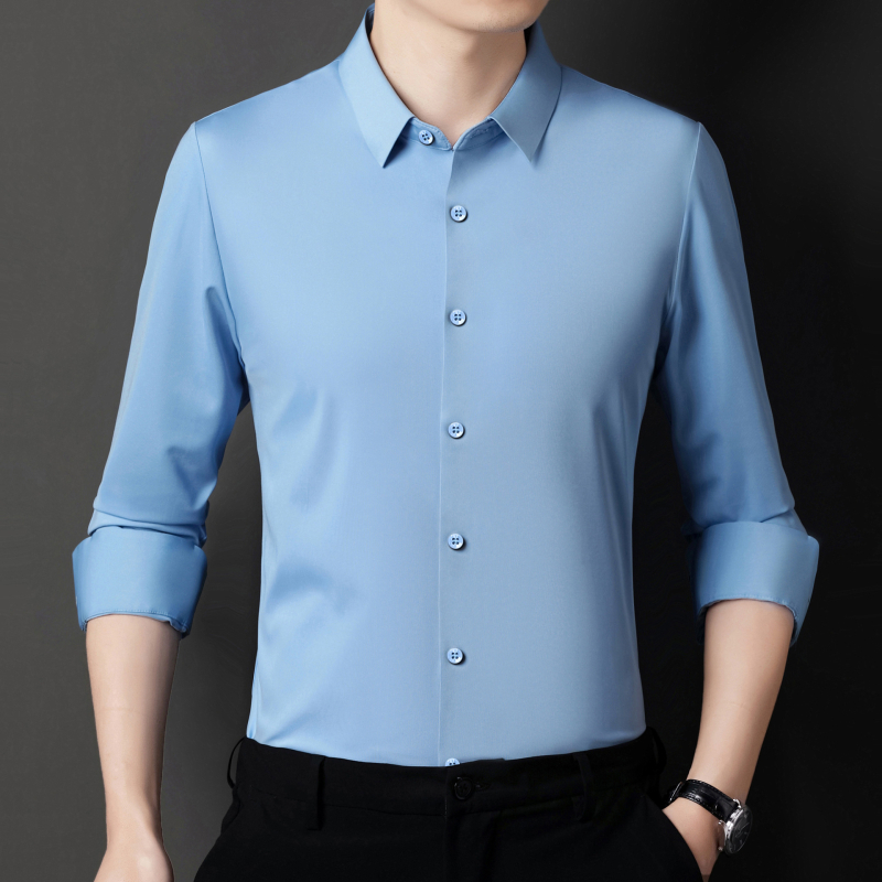 Košeľa z polyester-spandex zmesi, bez žmoliek, otočný golier, dlhé rukávy, jednofarebná, úzky strih