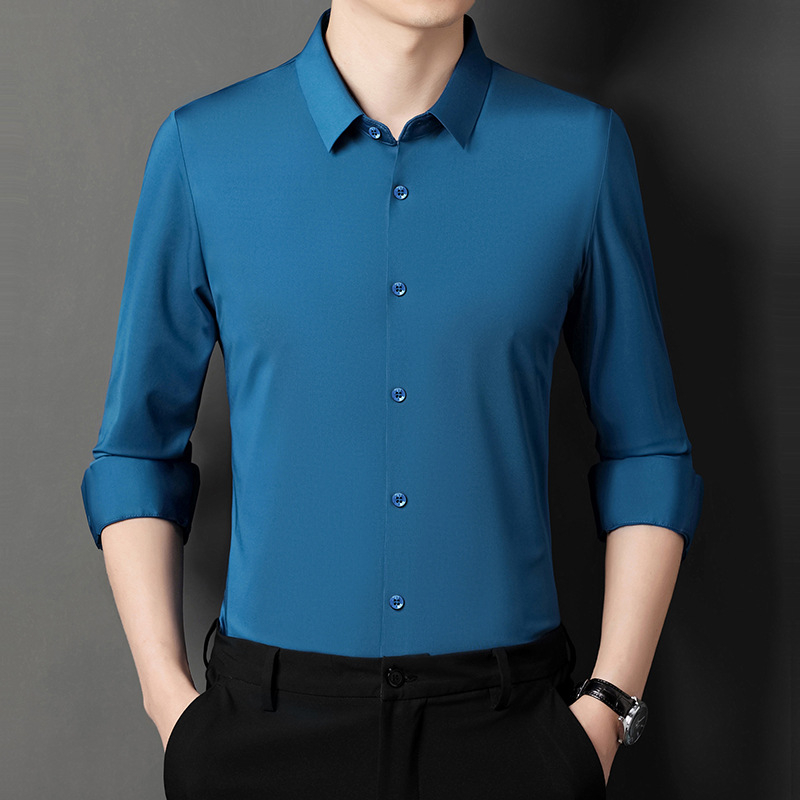 Košeľa z polyester-spandex zmesi, bez žmoliek, otočný golier, dlhé rukávy, jednofarebná, úzky strih