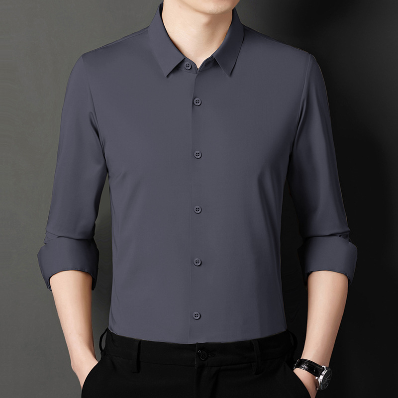 Košeľa z polyester-spandex zmesi, bez žmoliek, otočný golier, dlhé rukávy, jednofarebná, úzky strih