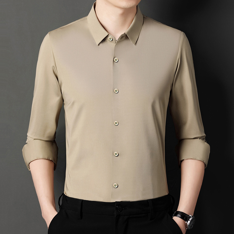 Košeľa z polyester-spandex zmesi, bez žmoliek, otočný golier, dlhé rukávy, jednofarebná, úzky strih