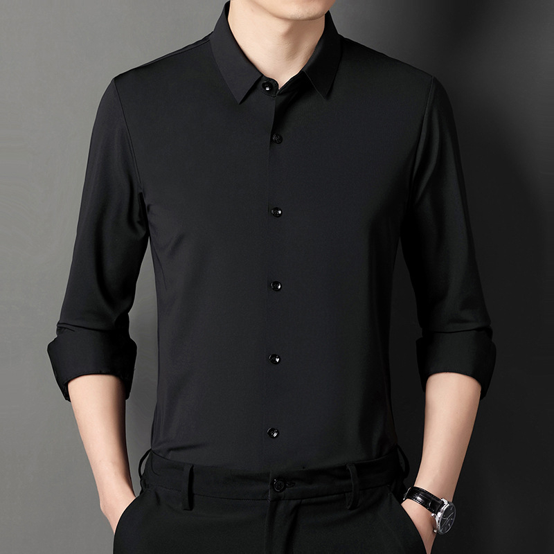 Košeľa z polyester-spandex zmesi, bez žmoliek, otočný golier, dlhé rukávy, jednofarebná, úzky strih