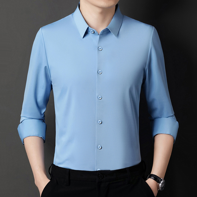 Košeľa z polyester-spandex zmesi, bez žmoliek, otočný golier, dlhé rukávy, jednofarebná, úzky strih