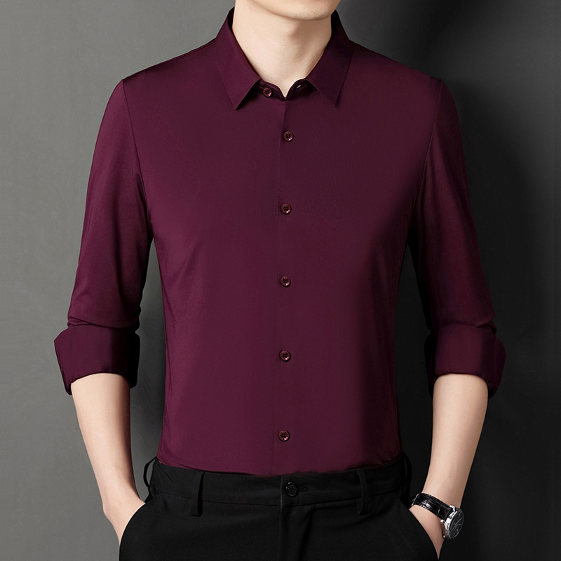 Košeľa z polyester-spandex zmesi, bez žmoliek, otočný golier, dlhé rukávy, jednofarebná, úzky strih