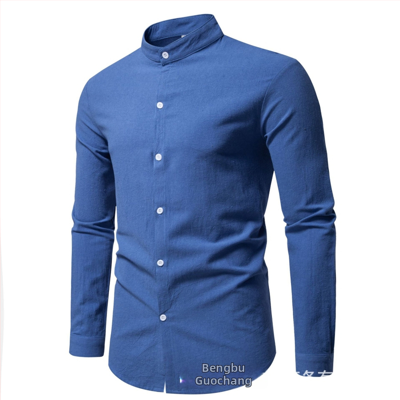 Košeľa – mestský štýl, inšpirácia cardiganom, stojací golier, dlhé rukávy, úzky strih (Pure cotton, 96%+, Stand collar, Long sleeve, Slim fit)
