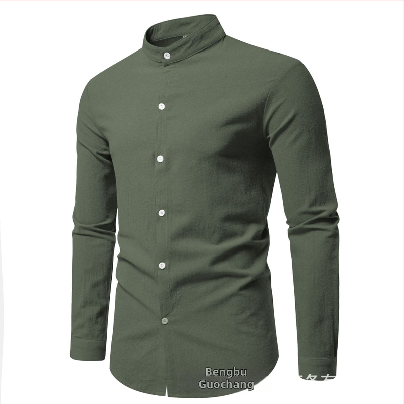 Košeľa – mestský štýl, inšpirácia cardiganom, stojací golier, dlhé rukávy, úzky strih (Pure cotton, 96%+, Stand collar, Long sleeve, Slim fit)