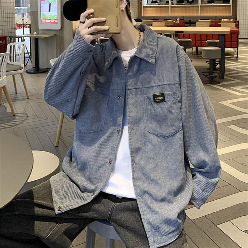 Corduroy košulja-jakna s dugim rukavima, rever ovratnik, udoban kroj, Harajuku stil