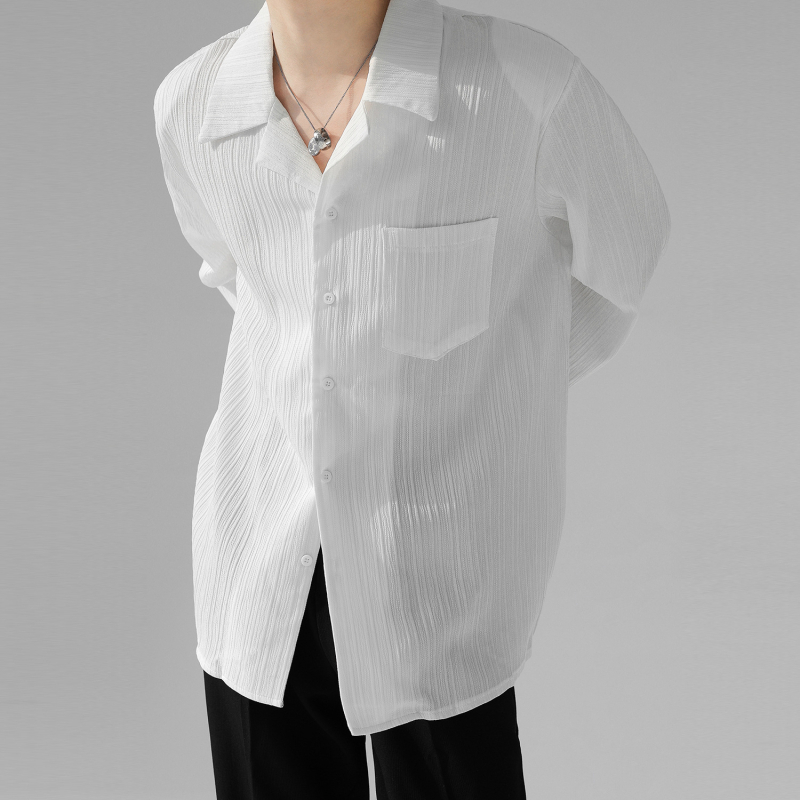 Košeľa s kubánskym golierom, dlhé rukávy, voľný strih, polyesterová tkanina, bez žehlenia