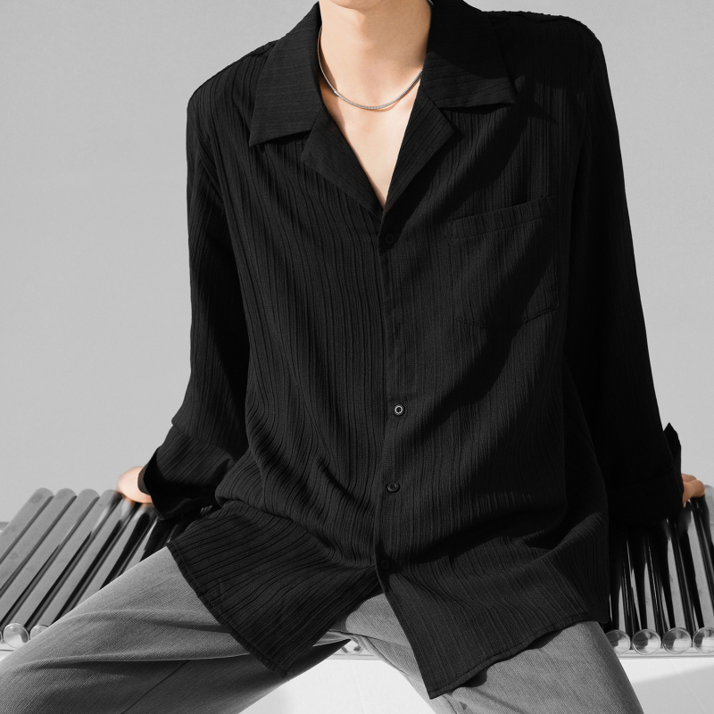 Košeľa s kubánskym golierom, dlhé rukávy, voľný strih, polyesterová tkanina, bez žehlenia