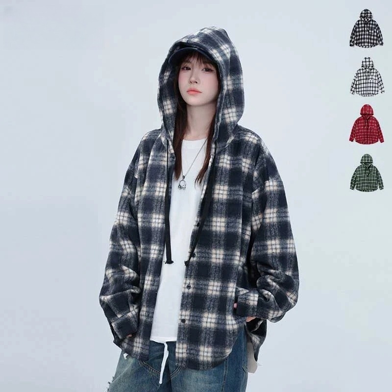 Košieľa–sako s mriežkovým vzorom, golier s klopou, voľný strih, dlhé rukávy, zmes polyesteru