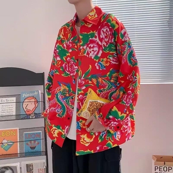 Pánske etnický kardigán s kvetinovým vzorom, dlhé rukávy, polyesterová tkanina, jar–jeseň, vhodné na svadbu