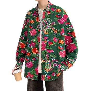 Pánske etnický kardigán s kvetinovým vzorom, dlhé rukávy, polyesterová tkanina, jar–jeseň, vhodné na svadbu