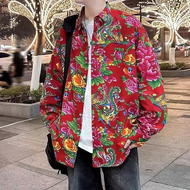 Pánske etnický kardigán s kvetinovým vzorom, dlhé rukávy, polyesterová tkanina, jar–jeseň, vhodné na svadbu