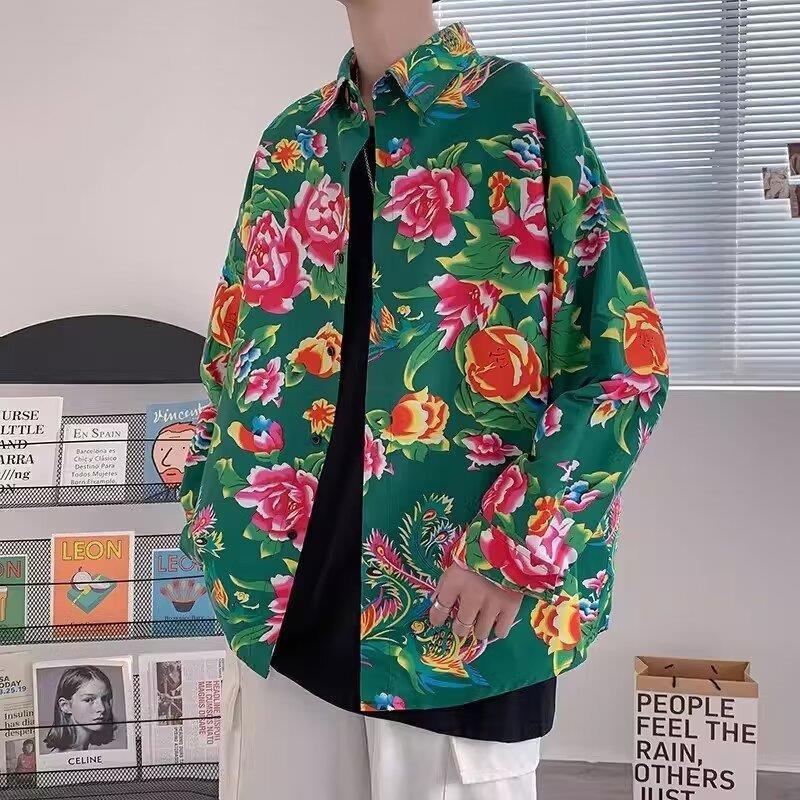 Pánske etnický kardigán s kvetinovým vzorom, dlhé rukávy, polyesterová tkanina, jar–jeseň, vhodné na svadbu