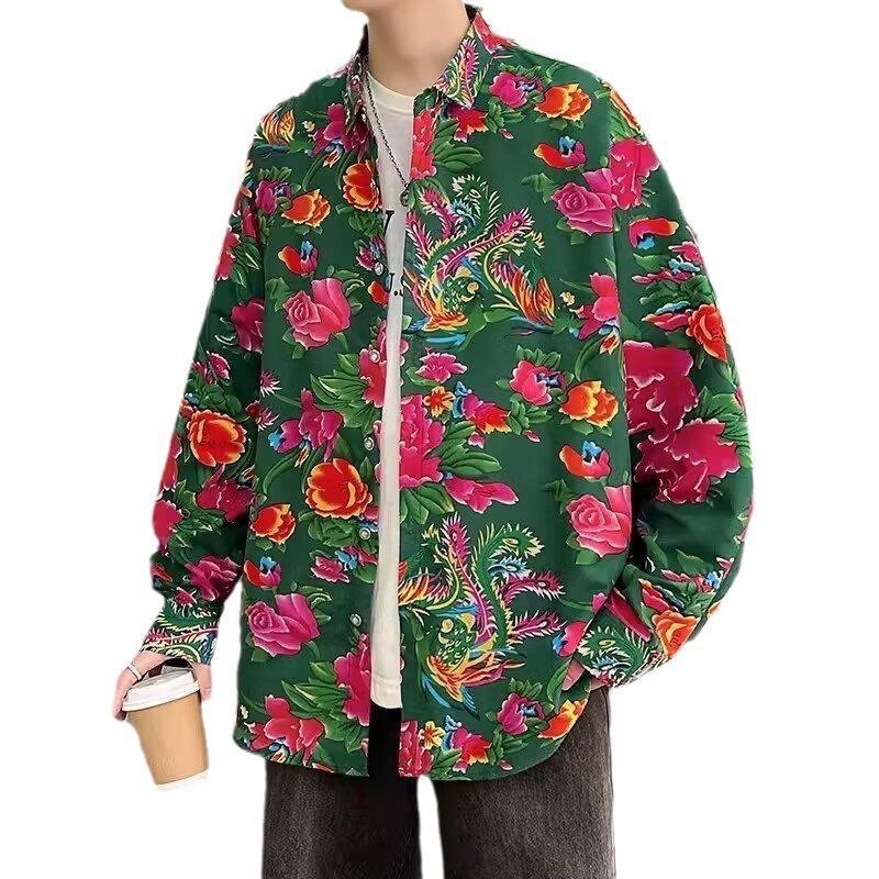 Pánske etnický kardigán s kvetinovým vzorom, dlhé rukávy, polyesterová tkanina, jar–jeseň, vhodné na svadbu