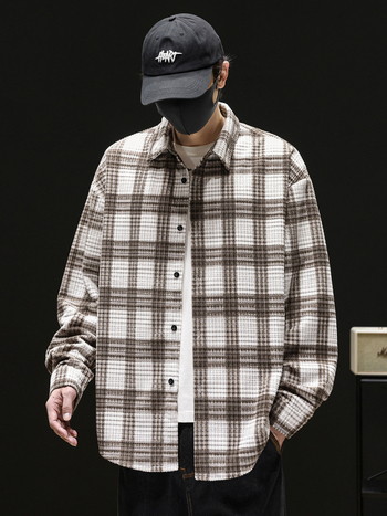 Kockás Corduroy-Print ing, 100% poliészter, bő szabás, hosszú ujjú, gallér lehajtható