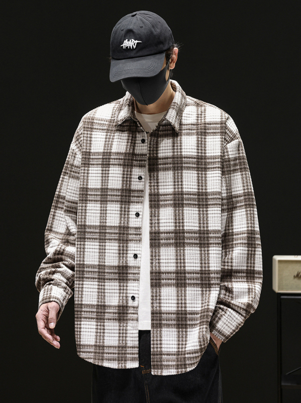 Kockás Corduroy-Print ing, 100% poliészter, bő szabás, hosszú ujjú, gallér lehajtható