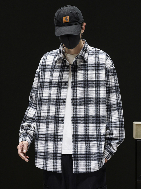 Kockás Corduroy-Print ing, 100% poliészter, bő szabás, hosszú ujjú, gallér lehajtható