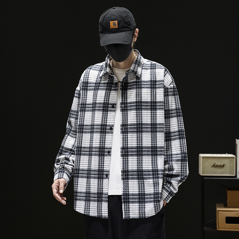 Kockás Corduroy-Print ing, 100% poliészter, bő szabás, hosszú ujjú, gallér lehajtható