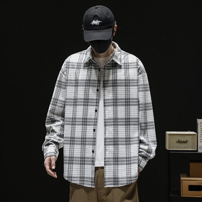 Kockás Corduroy-Print ing, 100% poliészter, bő szabás, hosszú ujjú, gallér lehajtható