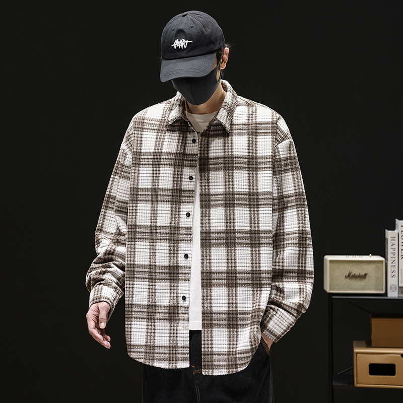 Kockás Corduroy-Print ing, 100% poliészter, bő szabás, hosszú ujjú, gallér lehajtható