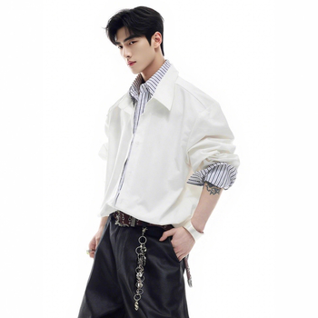 Košeľové sako s pruhmi a farebnými blokmi, kórejský štýl kardigán, voľný strih, dlhé rukávy, golier s klopou