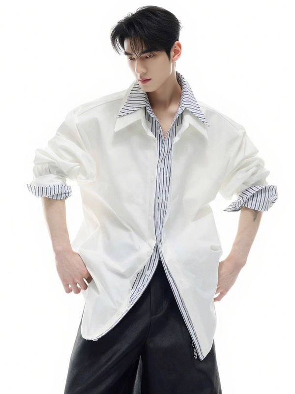 Košeľové sako s pruhmi a farebnými blokmi, kórejský štýl kardigán, voľný strih, dlhé rukávy, golier s klopou