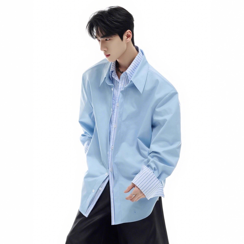 Košeľové sako s pruhmi a farebnými blokmi, kórejský štýl kardigán, voľný strih, dlhé rukávy, golier s klopou