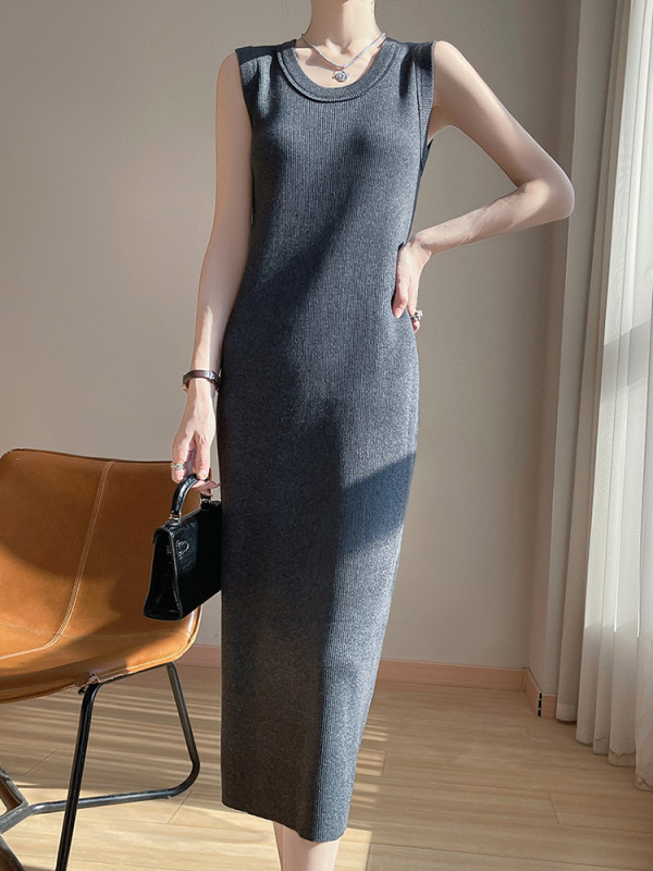 Duga vunena pletena haljina bez rukava s okruglim izrezom (16-gauge knit, long length, pullover)